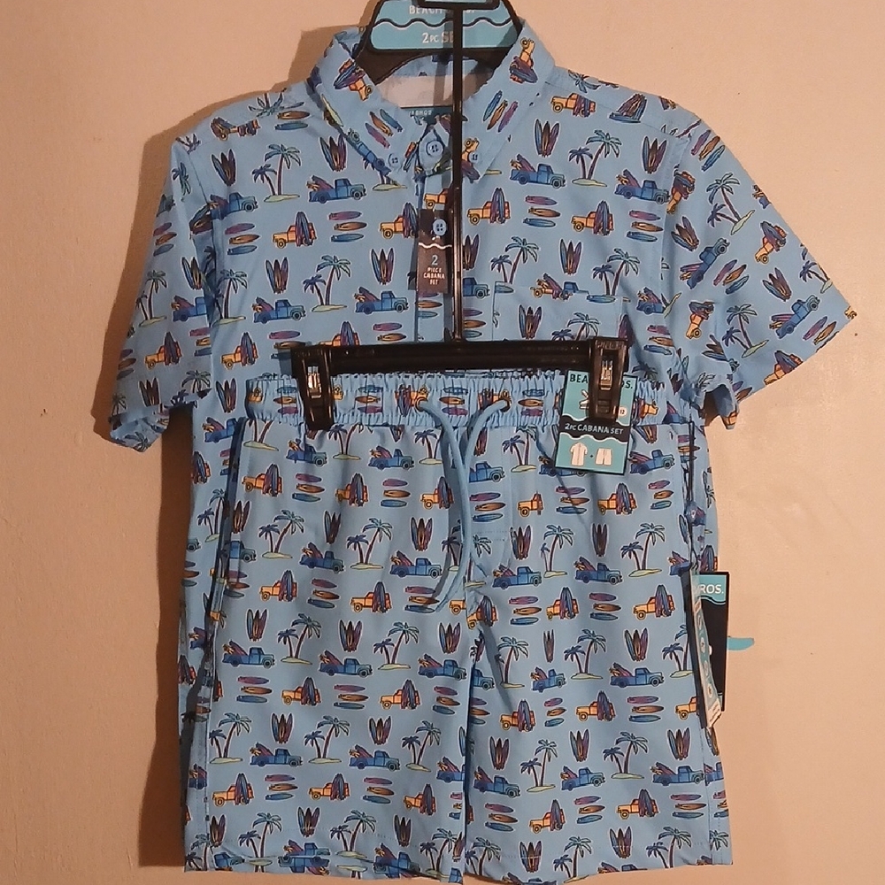 Blue Tropical Print Shirt and Shorts Set